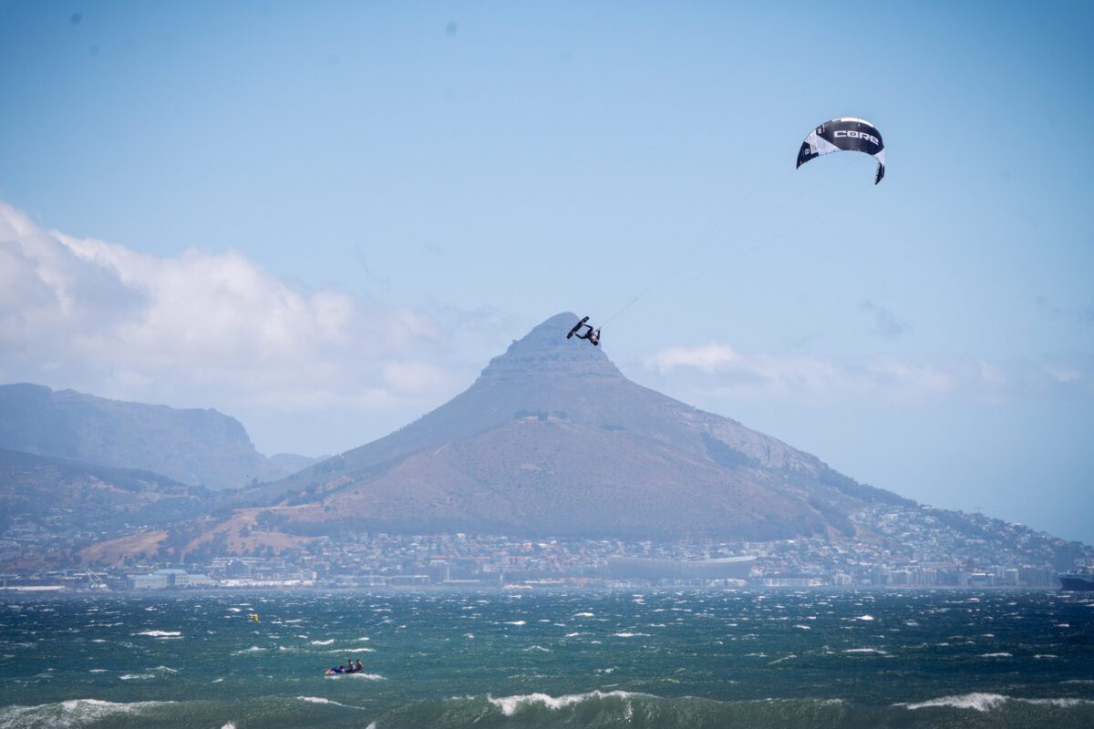 Kitesurfer Josh Emanuel during the Red Bull King of the Air in Blouberg, Cape Town. The biggest kitesurf big air event in the world.