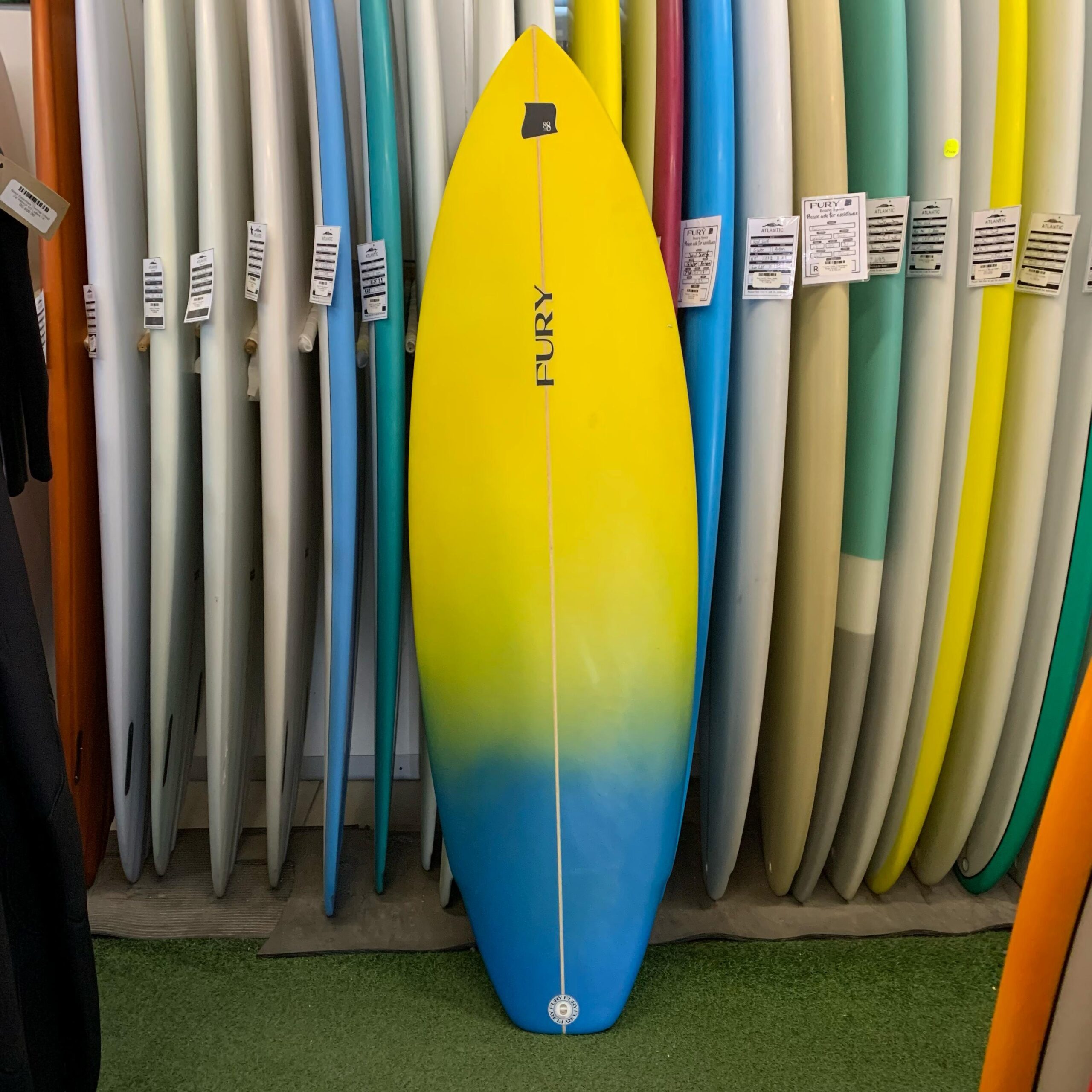 FURY 5'8 F-Bomb Surfboard (Yellow/Blue) - Atlantic Surf Co.